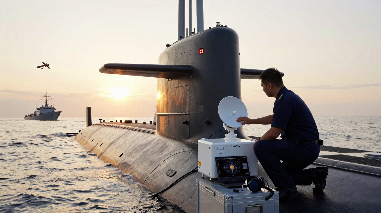 Navy officer operating satellite communication equipment beside a surfaced submarine at sea during sunset.