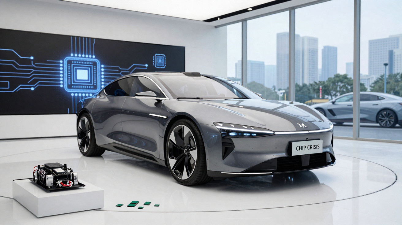 Sleek grey electric car displayed in showroom with a microchip exhibit and digital circuit background.
