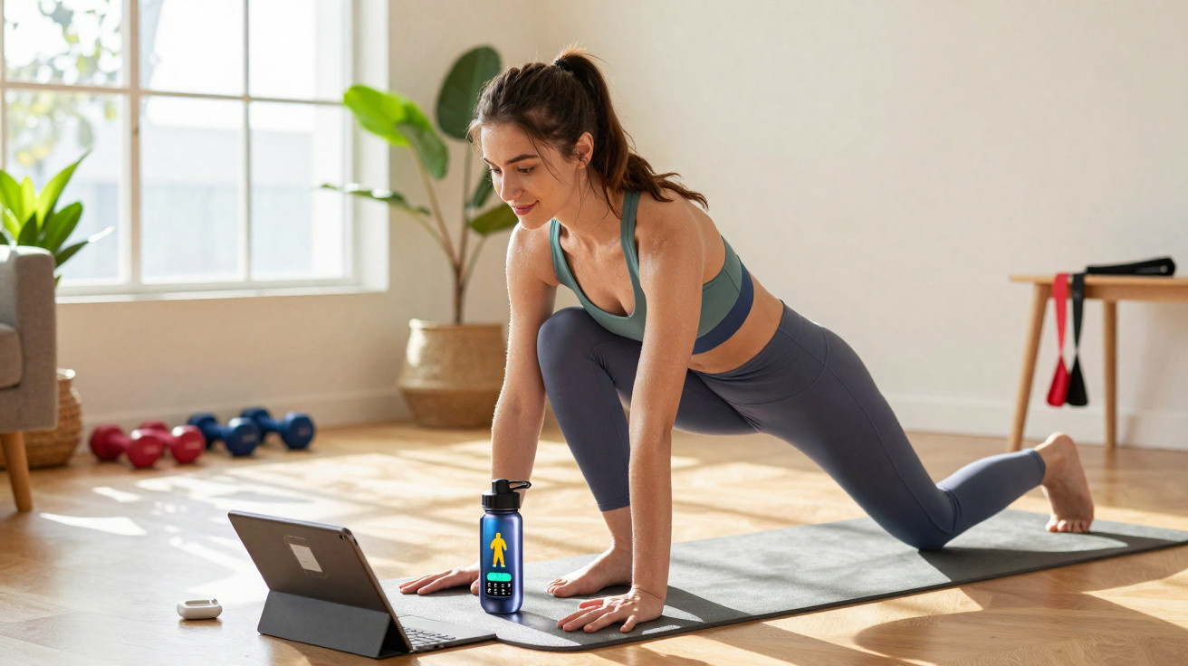 Woman in sportswear doing a lunge stretch on a yoga mat while following a workout on a tablet in a bright room.