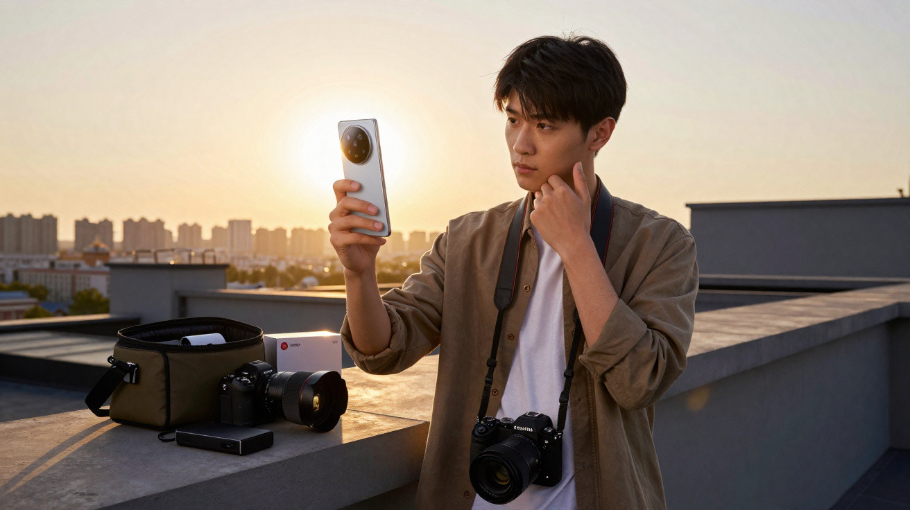 Young man on rooftop at sunset holding a smartphone for selfie with camera gear on ledge nearby