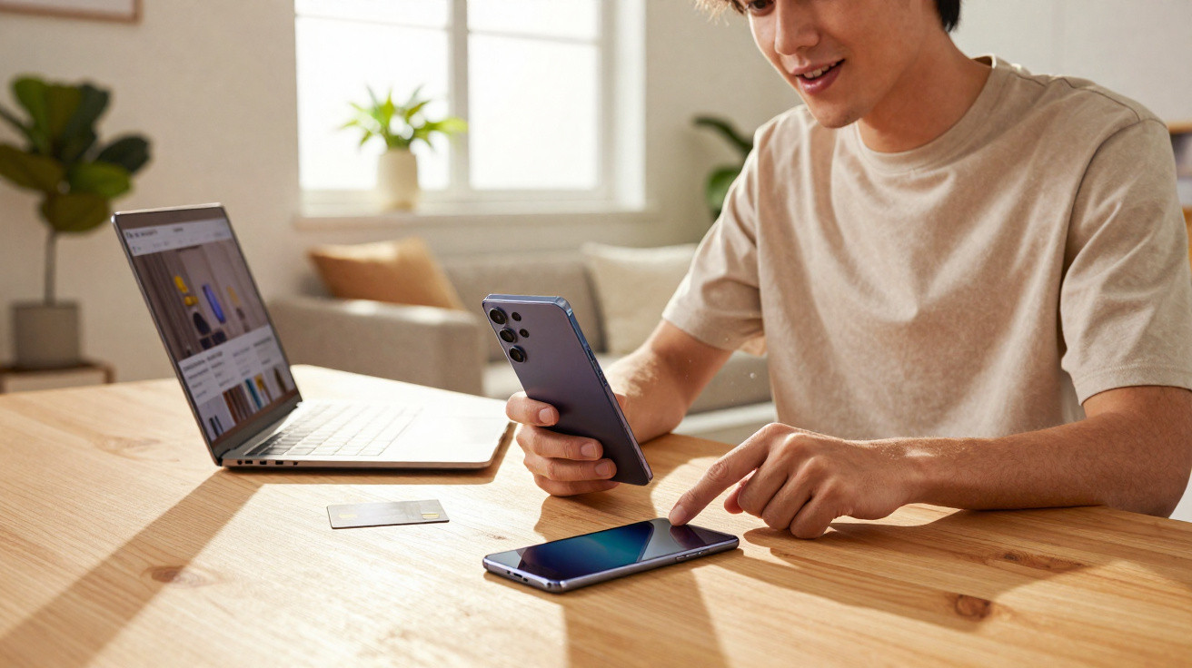 Young man using two smartphones at a wooden table with a laptop and credit card nearby in a bright room.