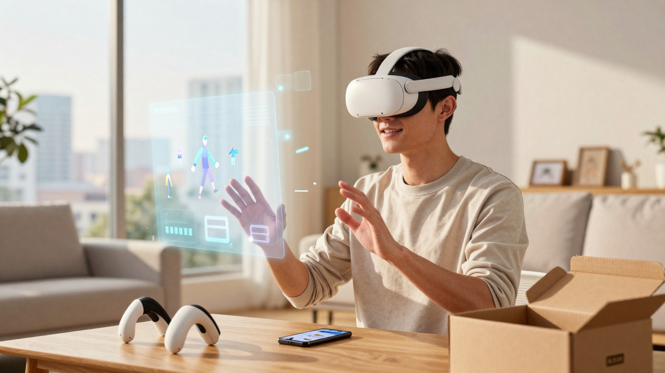 Young man using a VR headset with holographic display, seated at a wooden table in a bright living room.
