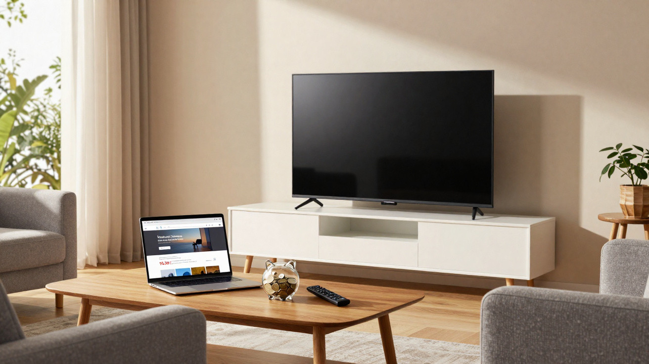 Modern living room with a flat-screen TV on a white console, laptop on wooden coffee table, and grey armchairs.