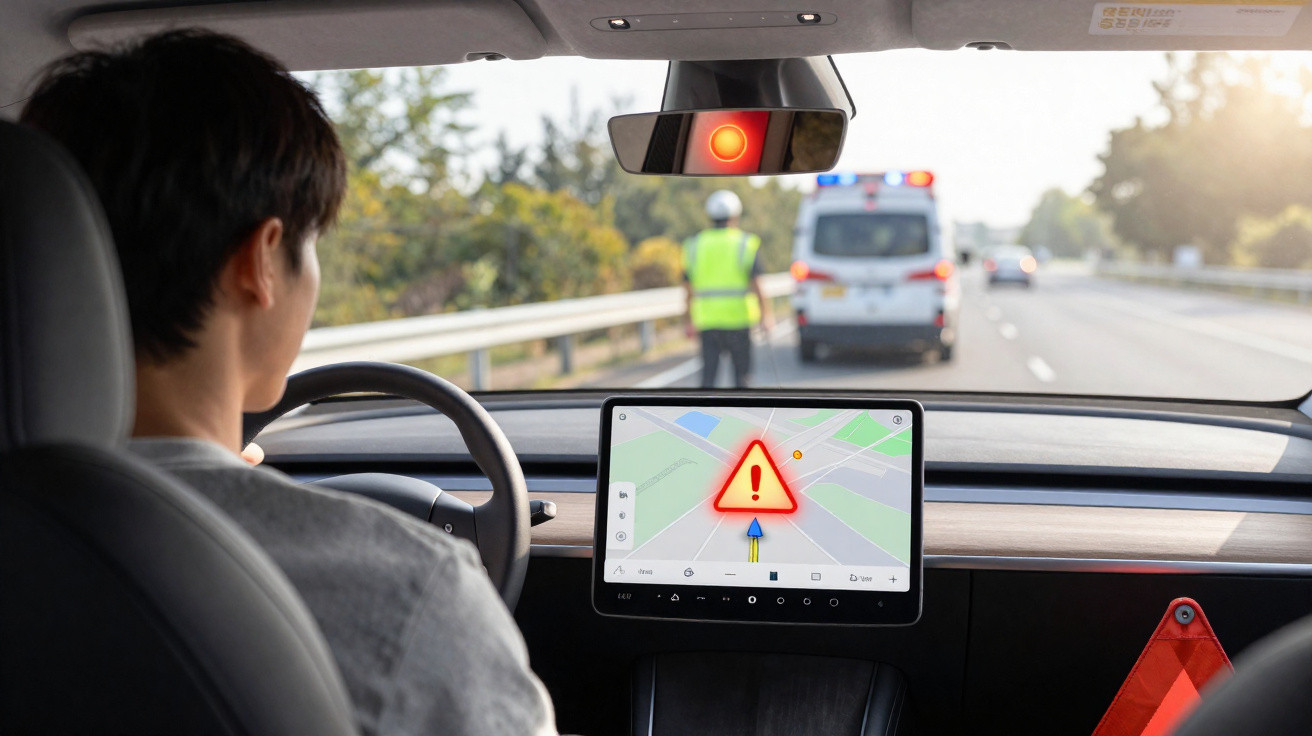 Driver inside a car approaching a police officer and an ambulance with hazard warning on the dashboard screen and mirror.