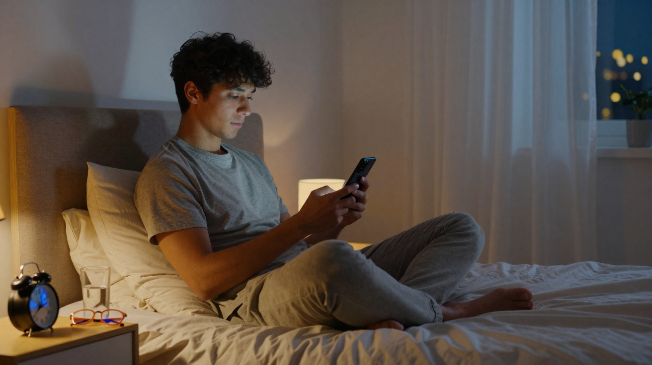 Young man sitting on bed in nightwear using smartphone in dimly lit bedroom at night.