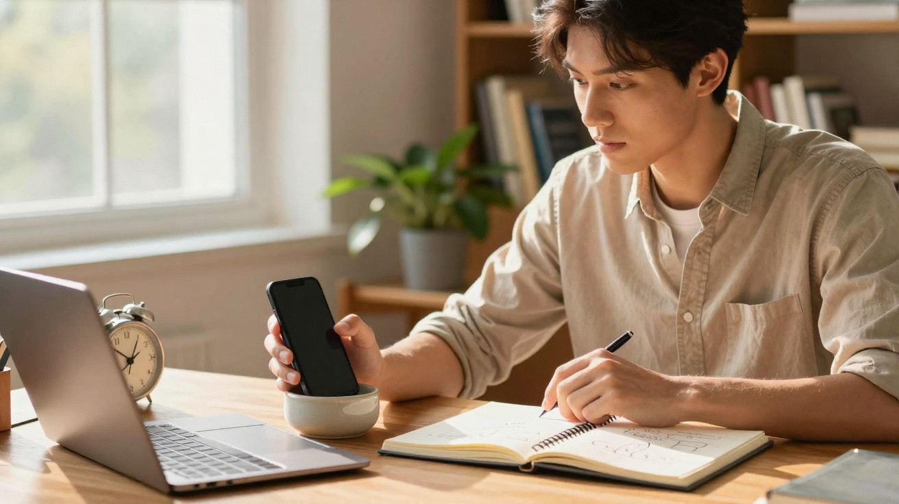 Young man studying at desk with notebook, smartphone, laptop, and alarm clock in bright room.
