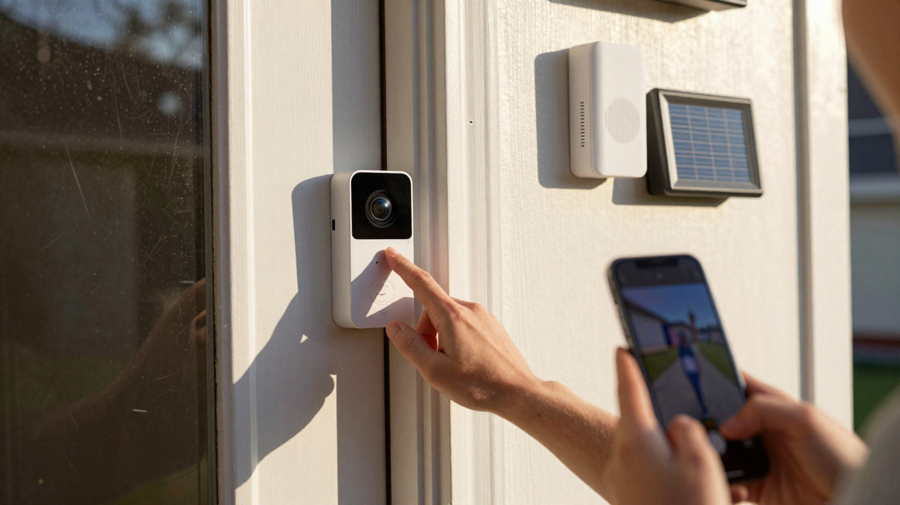 Person pressing a smart video doorbell on a white door, holding a smartphone displaying the video feed.