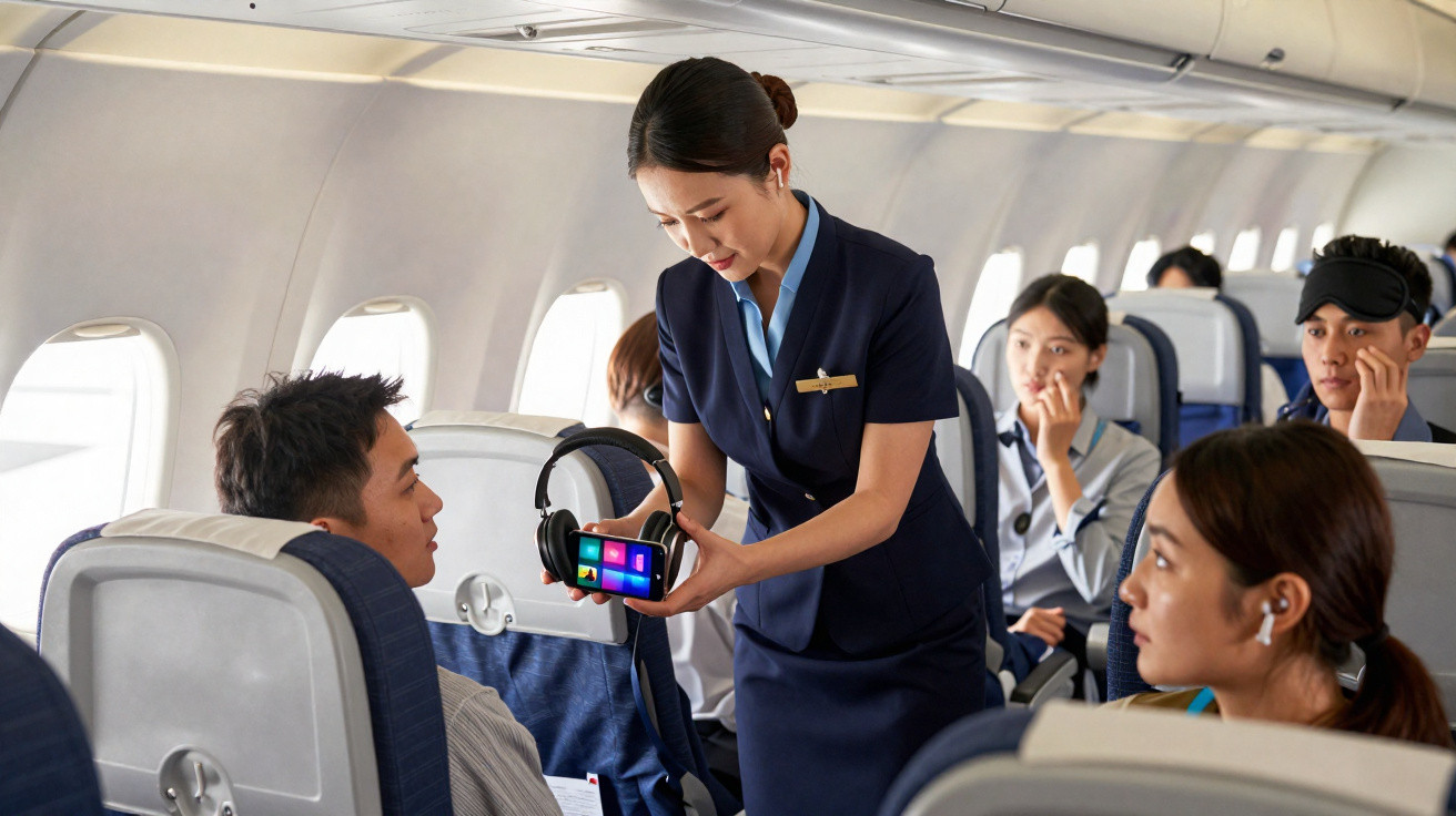 Flight attendant demonstrates in-flight entertainment headset to passenger on airplane.