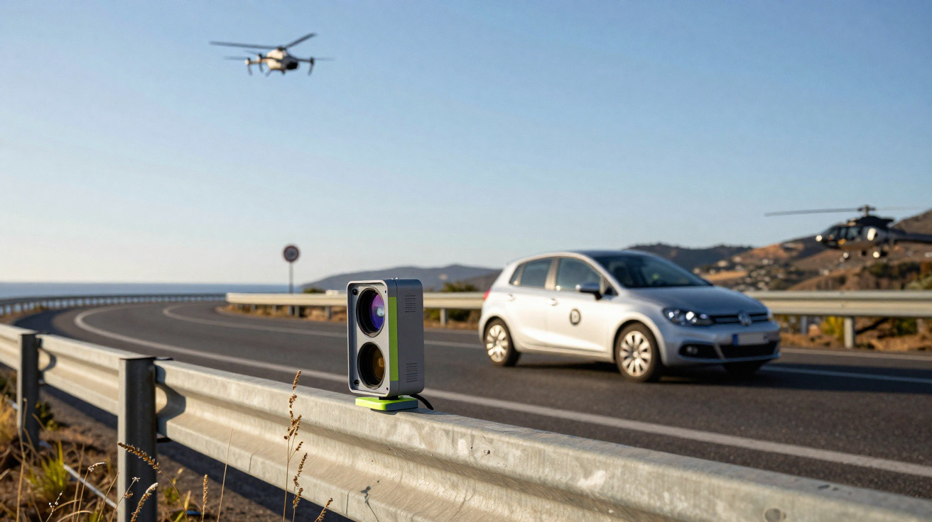 Speed radar on roadside with a silver car and two black helicopters flying above on a clear day