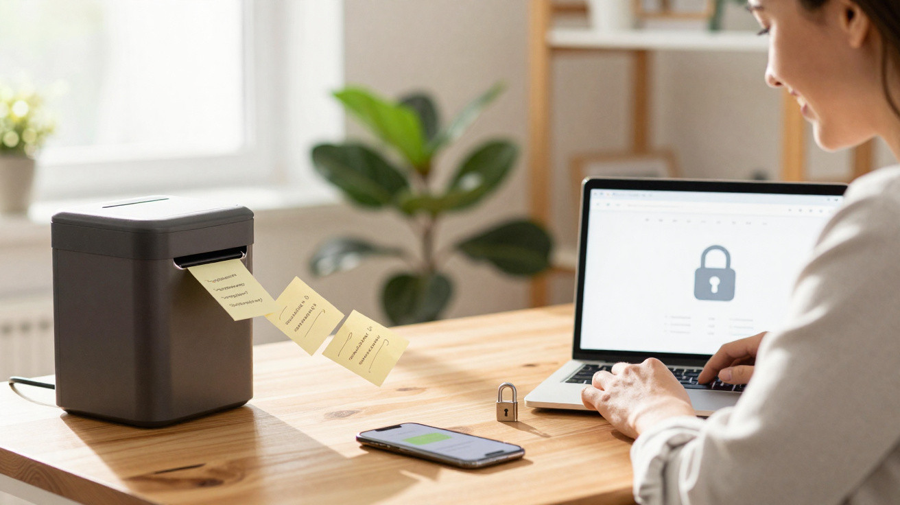 Person typing on laptop with security lock icon on screen while paper shredder disposes of sticky notes nearby.