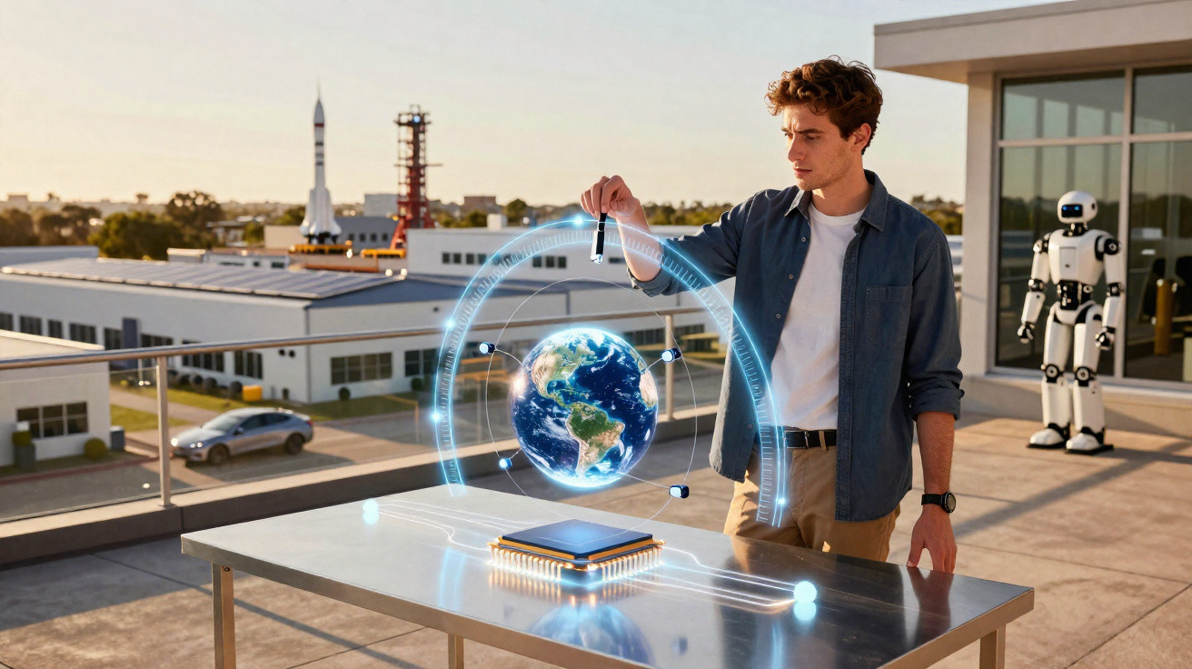 Man interacting with a holographic Earth and orbiting satellites on a rooftop with a robot in the background.