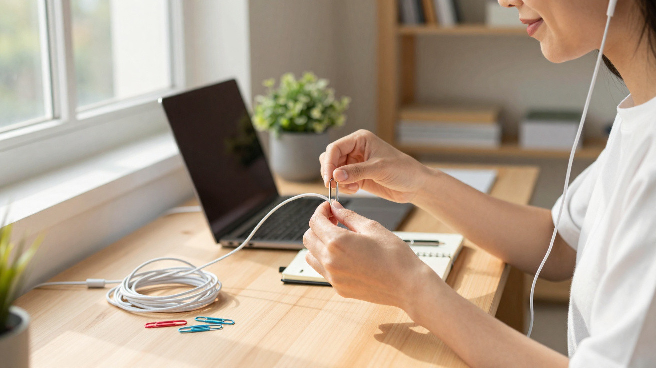 Person sitting at a desk near a window, holding a paperclip with a laptop, notebook, and earbuds on the table.