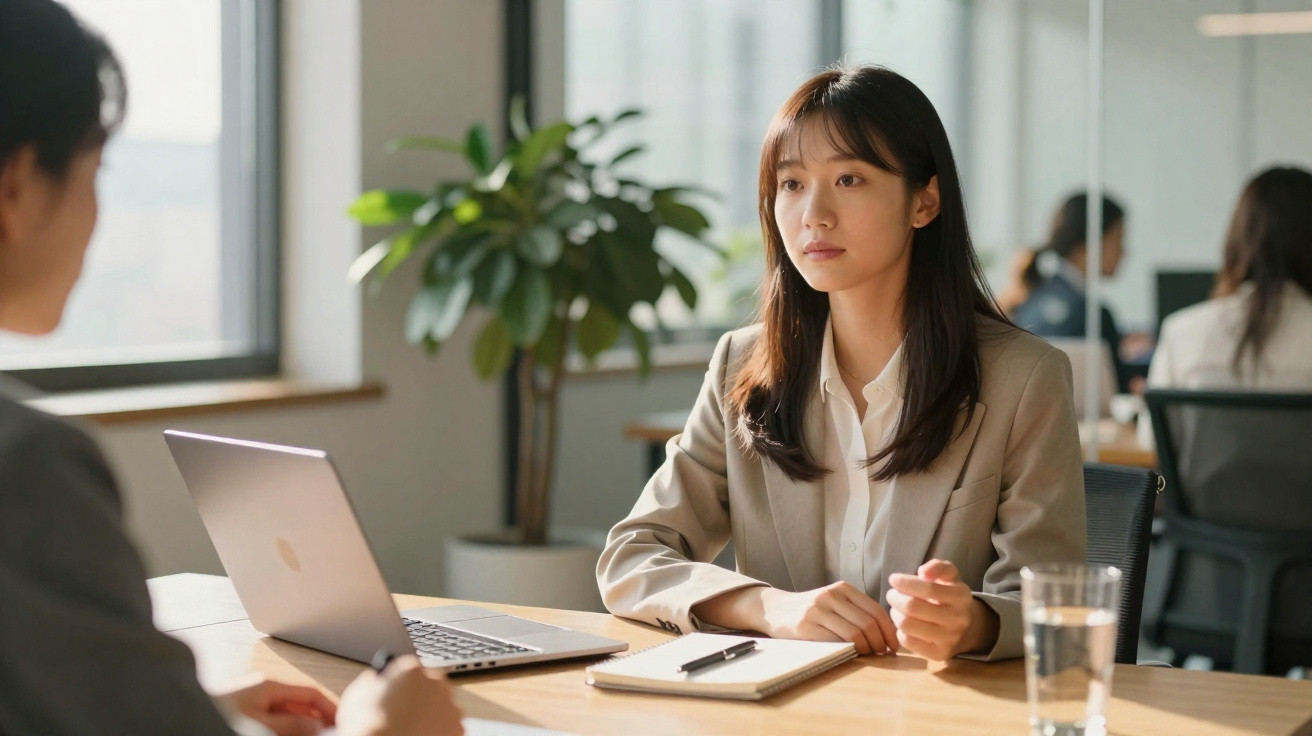Young woman in a beige suit participating in a business meeting at a modern office desk with a laptop and notebook.