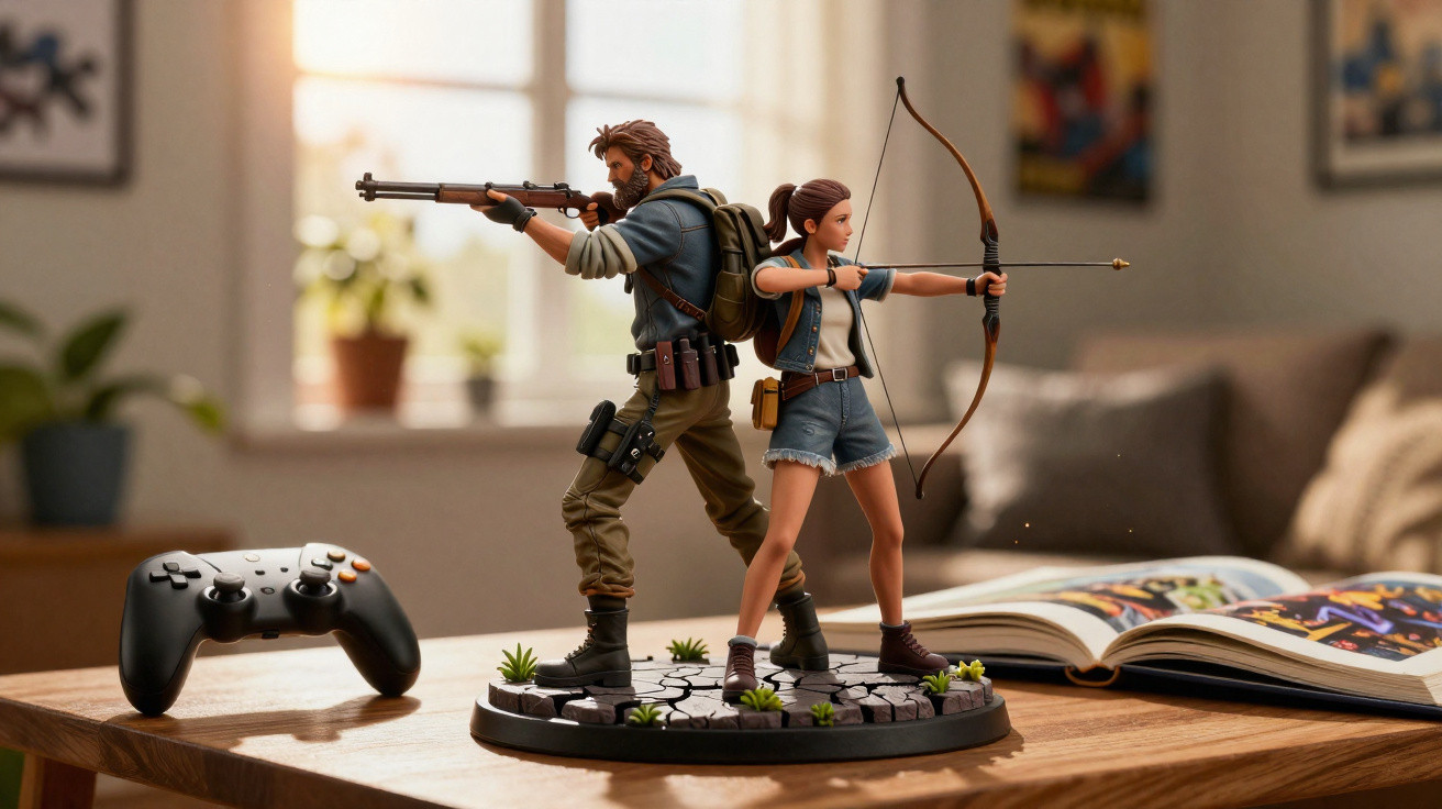 Two action figures, one with a rifle and the other with a bow, displayed on a wooden table beside a game controller.