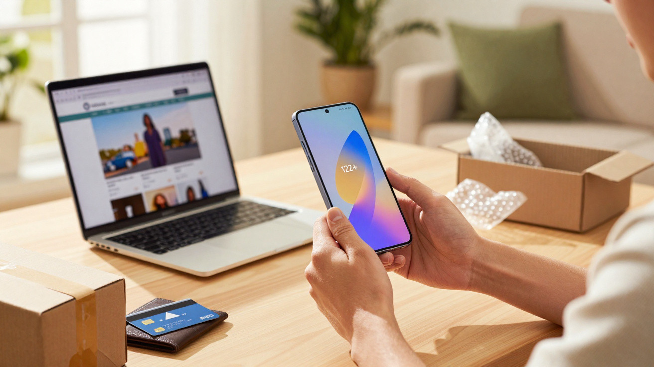 Person holding a smartphone with an online shopping website open on a laptop on a wooden table with parcels.