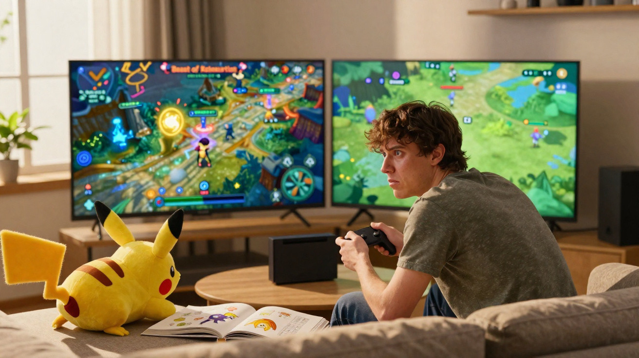 Young man playing video games on dual screens with Pikachu plush and open book on the sofa beside him.