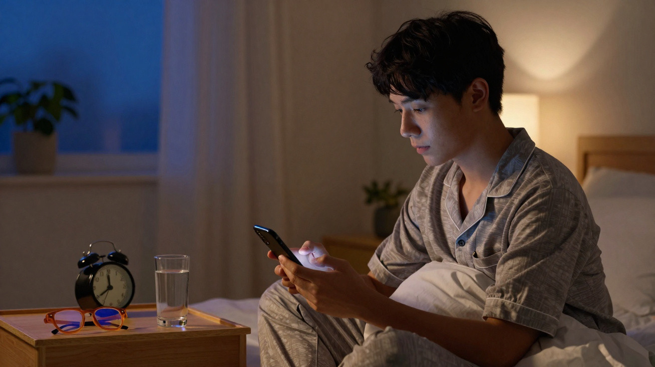 Young man in grey pajamas sitting on bed using smartphone at night with alarm clock and glass of water nearby