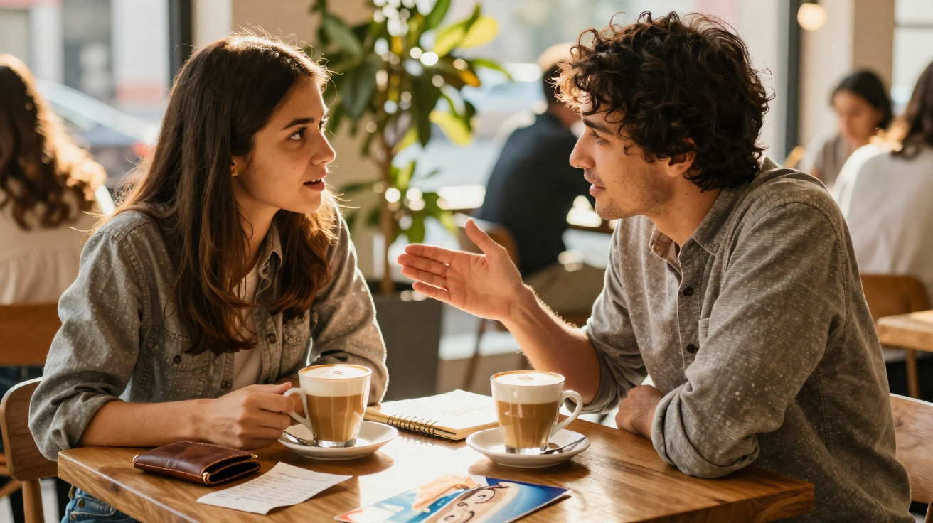 Two people having a conversation over coffee at a café table with notebooks and a magazine.