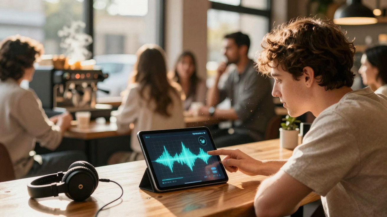 Young man analysing audio waveform on tablet in busy cafe with headphones beside him on wooden table.