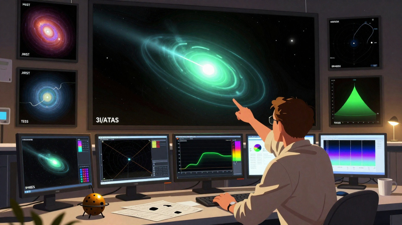 Scientist analysing cosmic data and images of galaxies and space phenomena on multiple screens in a control room.