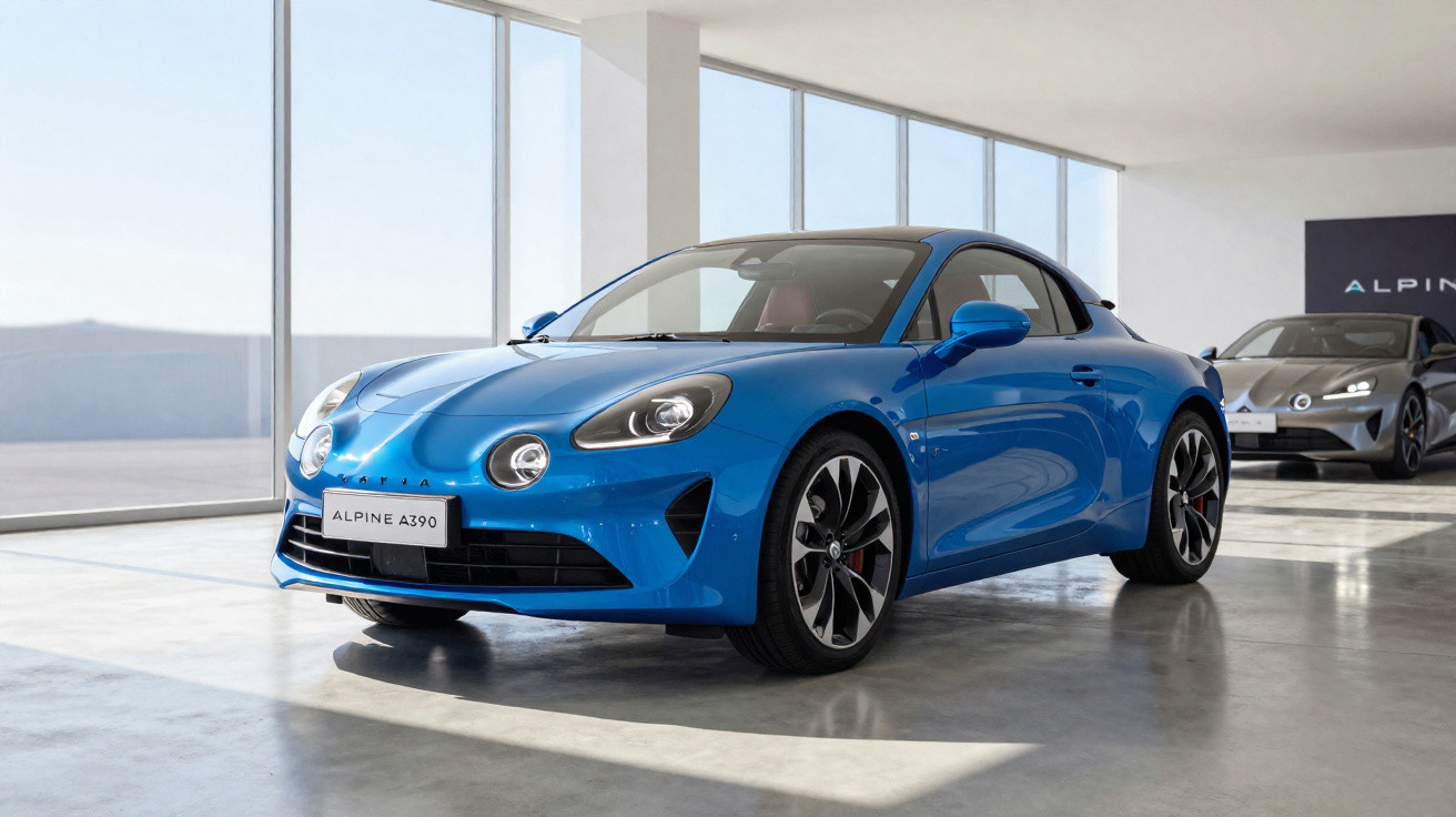 Bright blue Alpine A390 sports car displayed in modern showroom with large windows and grey car in background.