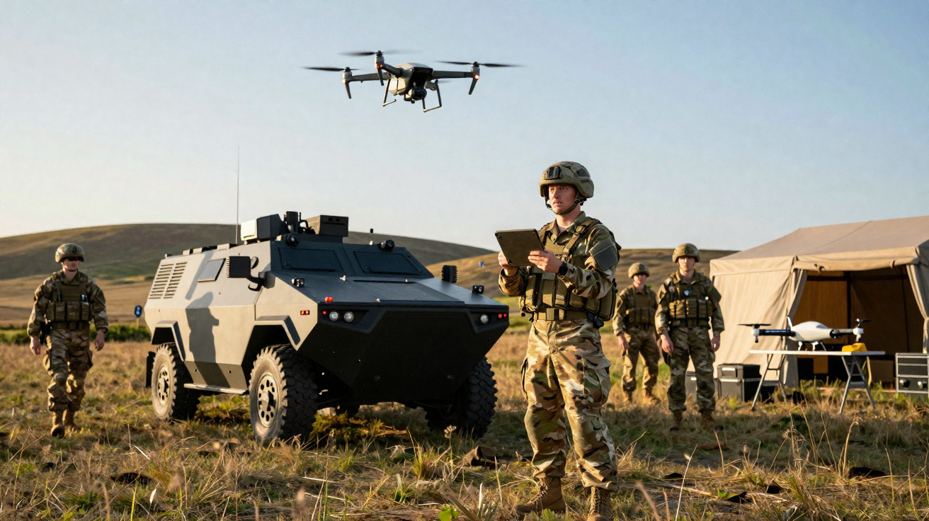 Soldiers in camouflage operate a drone near an armoured vehicle and a tent in a grassy field.
