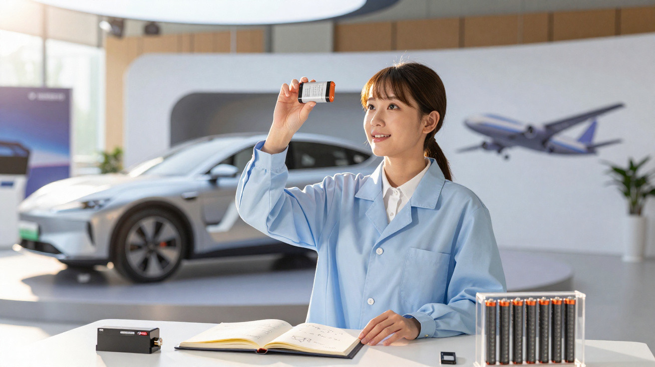 Scientist in lab coat examining battery in modern lab with electric car and airplane model in background.