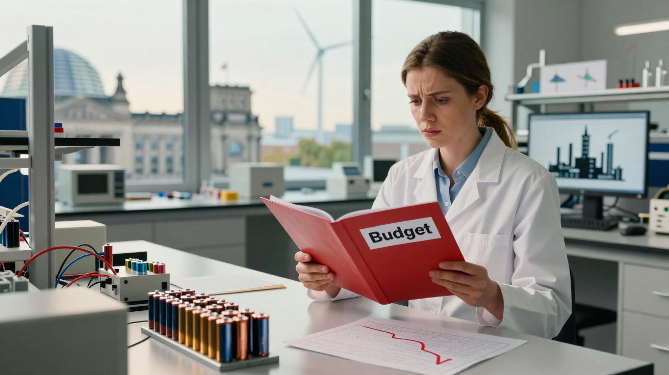Scientist in lab coat reviewing a red folder labelled Budget with a graph showing a downward trend.