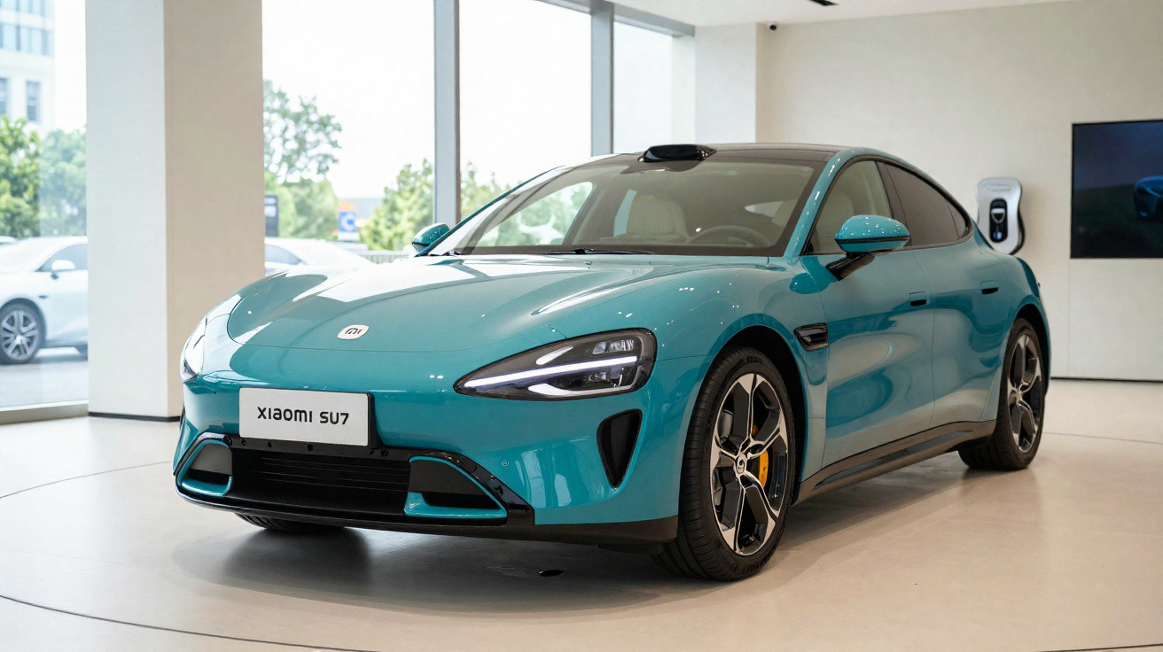 Sleek turquoise Xiaomi SU7 electric car displayed indoors with modern design and black and silver alloy wheels.