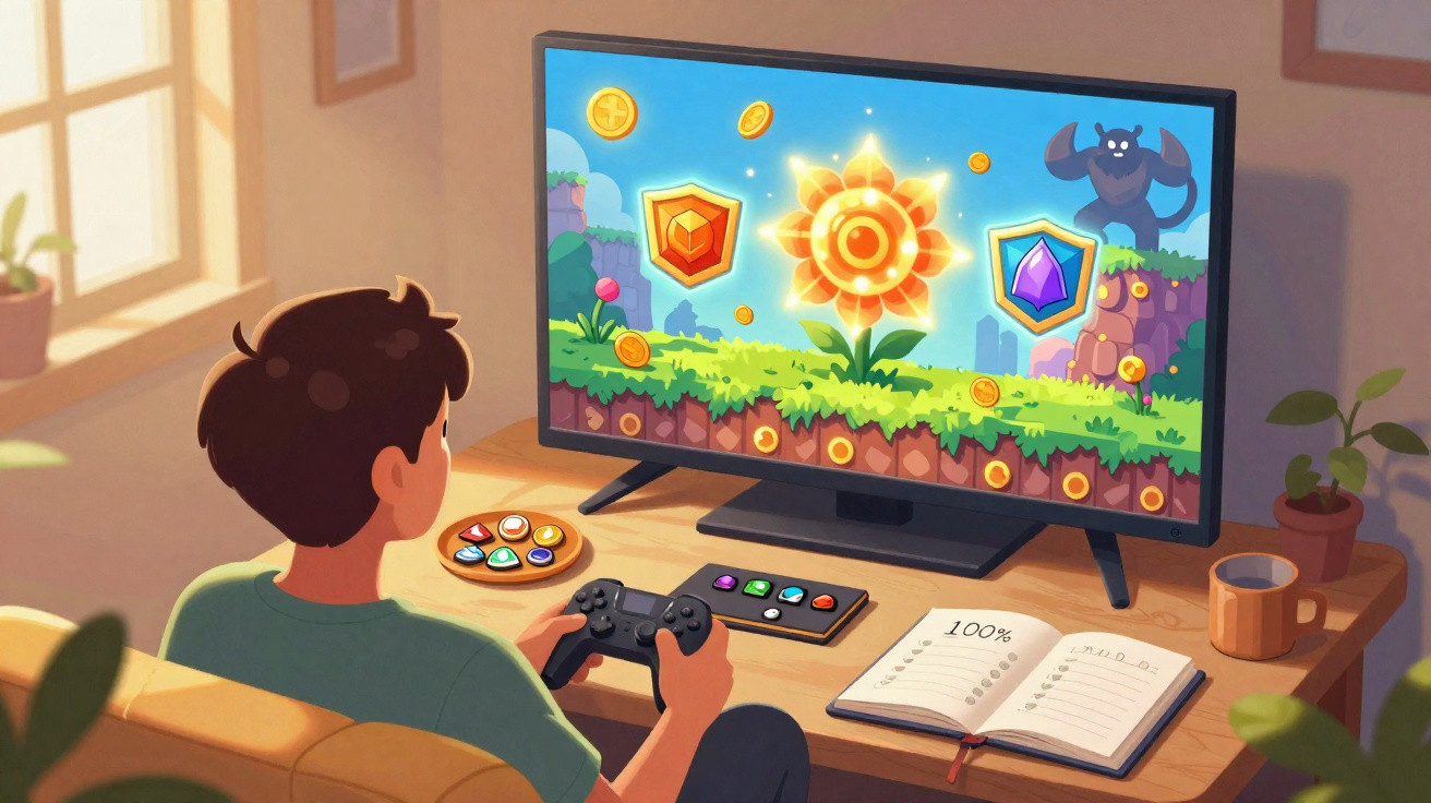 Person playing a colourful video game on a TV with a controller at a desk with an open notebook and cup.