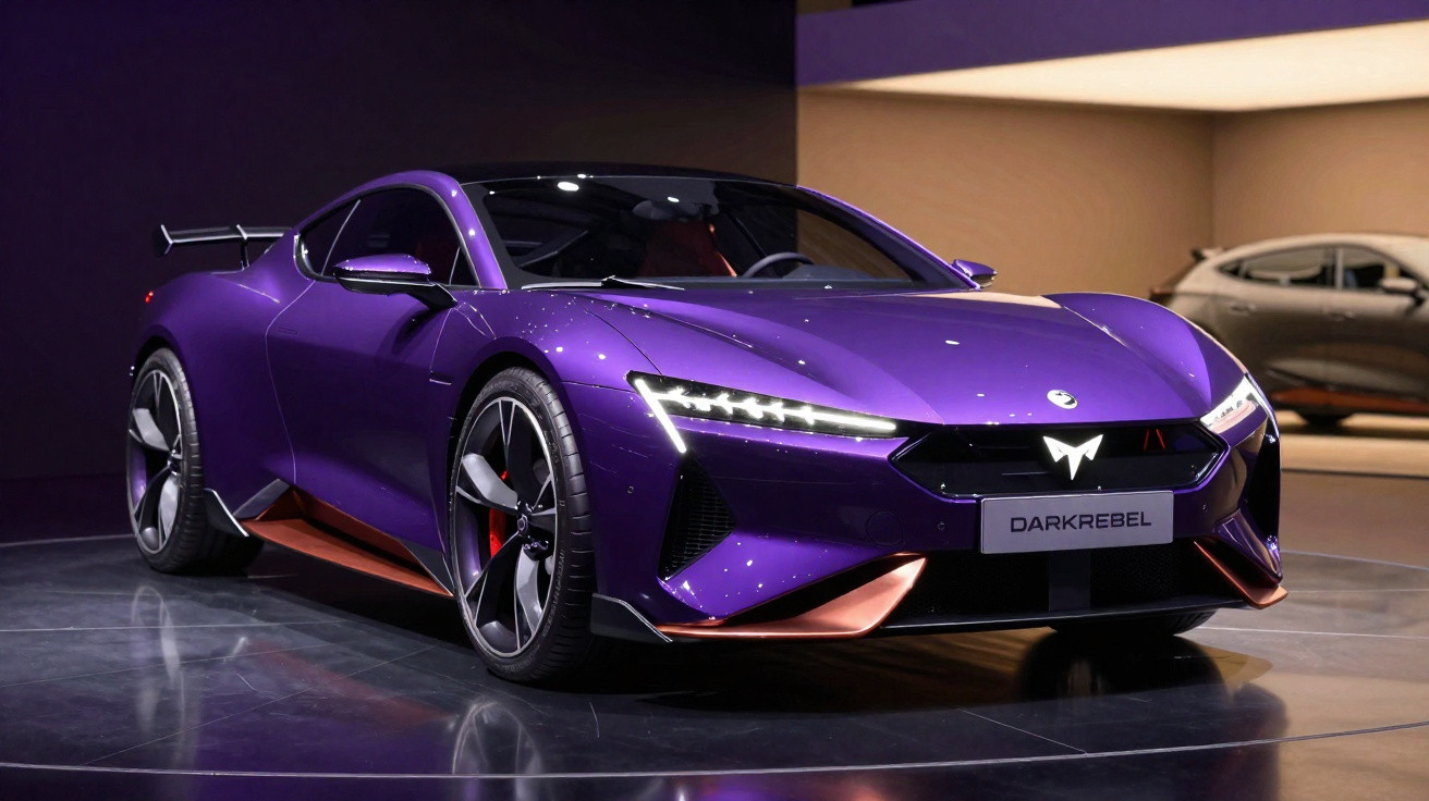 Purple DarkRebel sports car with sleek design and LED headlights displayed indoors on shiny floor.