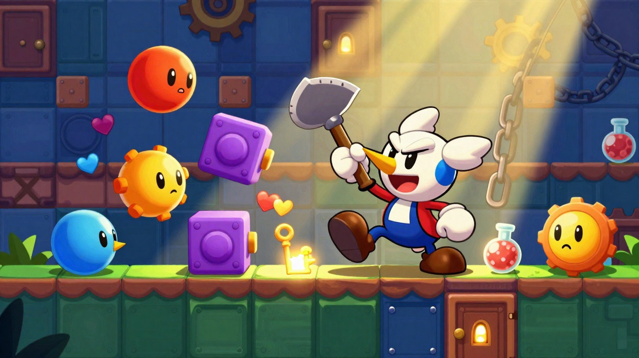 Cartoon bird character with a pickaxe faces colourful round creatures and glowing key in a vibrant platform game scene.
