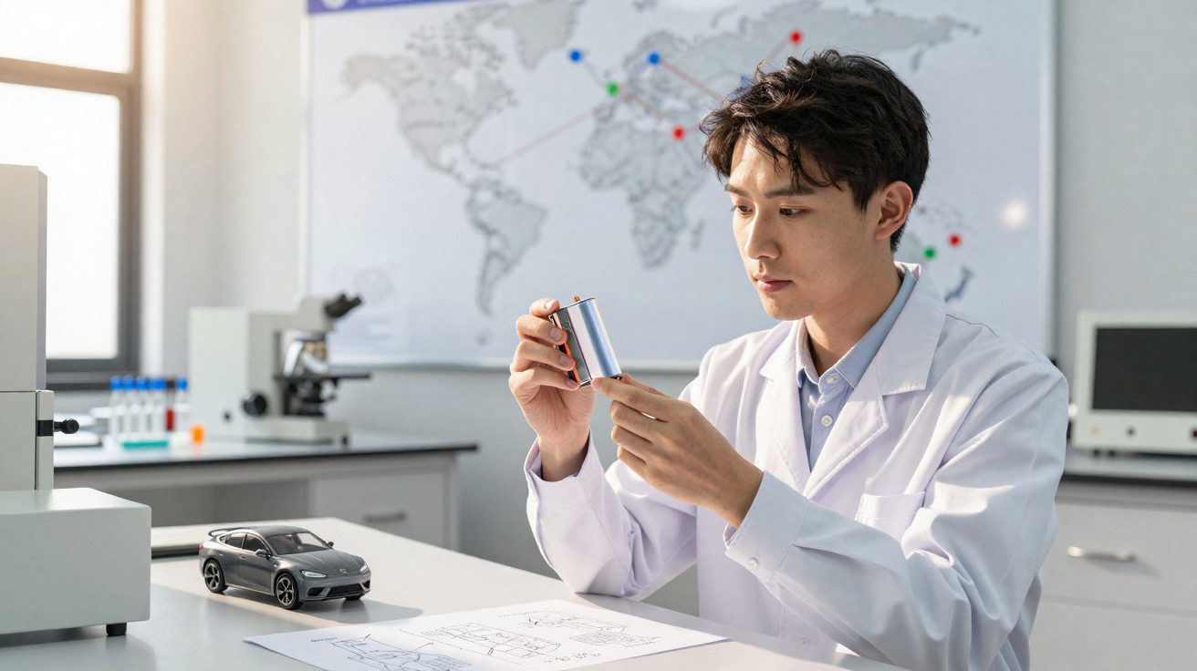Scientist in a lab coat examining a battery cell, with a toy car and world map in the background.
