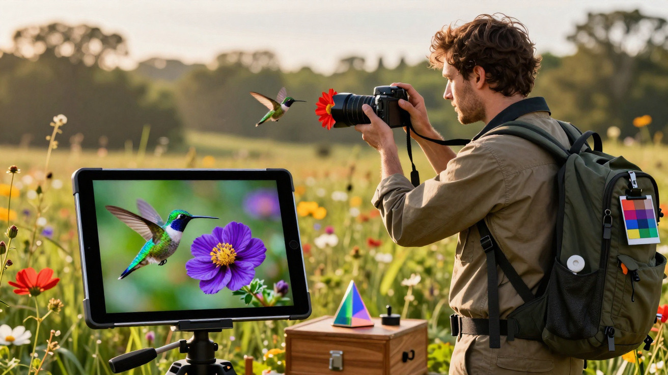 Photographer capturing a hummingbird near a flower with a digital screen showing the bird and flower in a wildflower meadow.