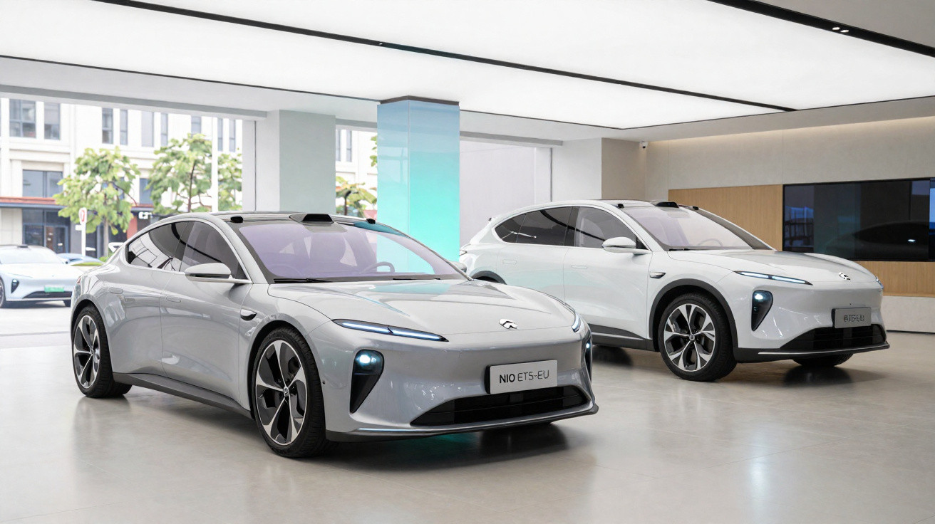 Two sleek white electric cars displayed in a modern showroom with large windows and polished floors.