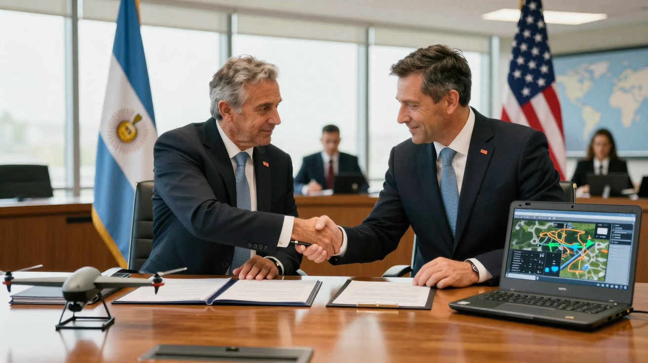 Two businessmen shaking hands across a table with documents, a drone, and a laptop showing a map.