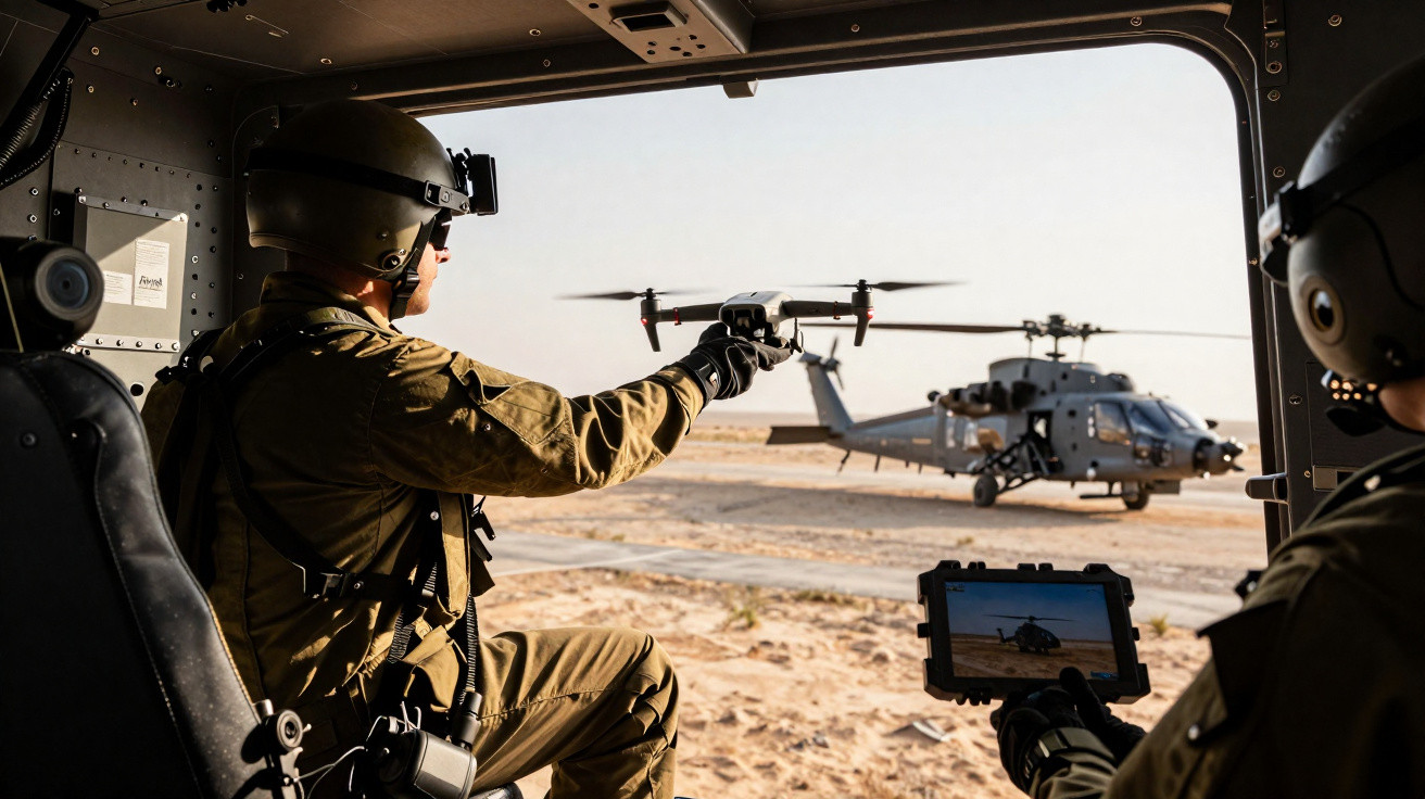 Soldiers in a helicopter operating a small drone with a military helicopter visible outside on a sandy terrain.