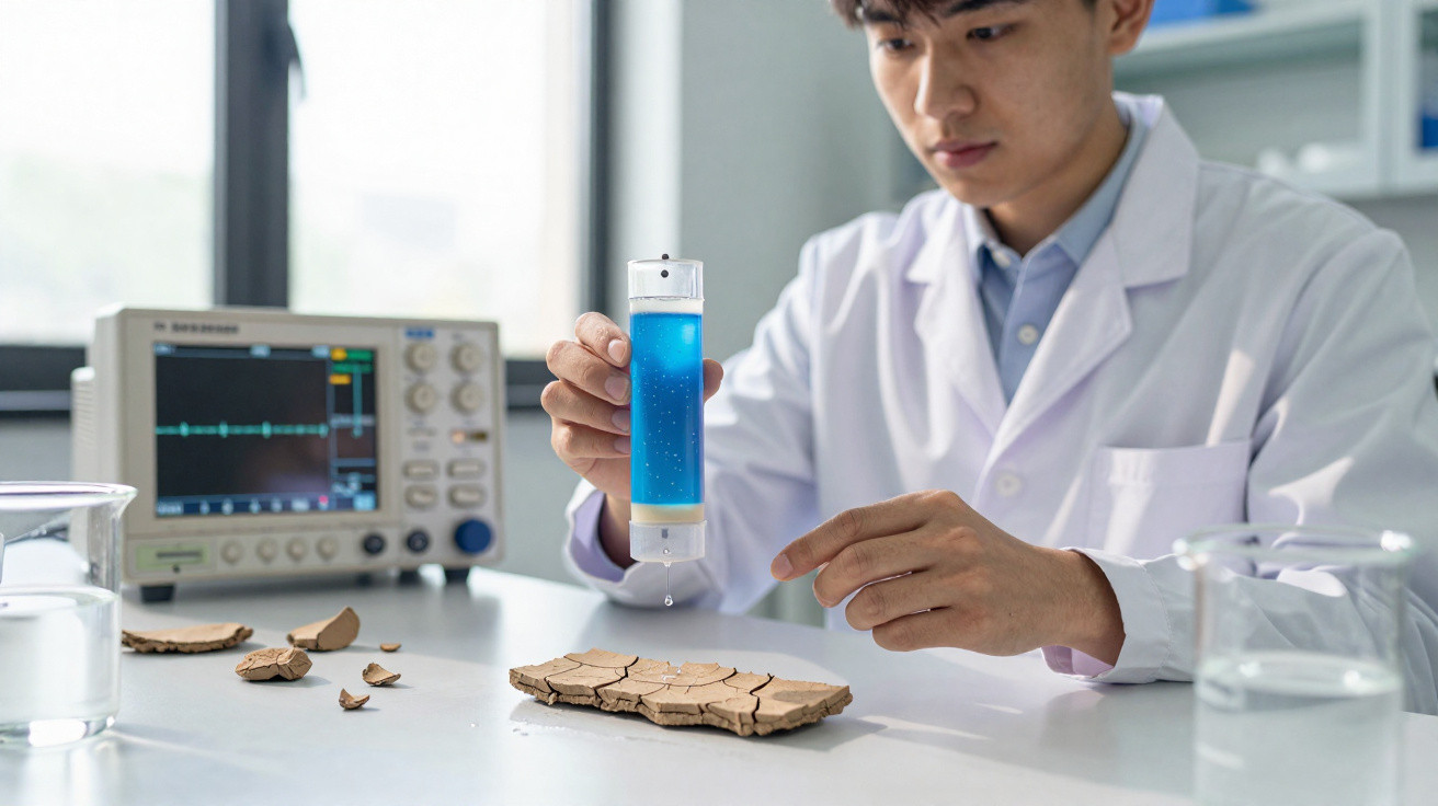 Scientist in white coat testing blue liquid dripping onto cracked dry soil in lab setting