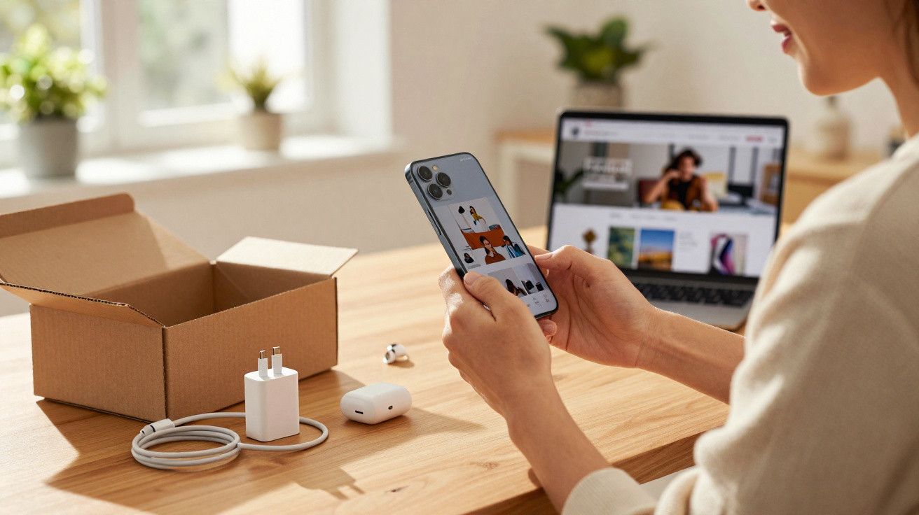 Person holding a smartphone with new accessories unboxed on table and laptop in background.