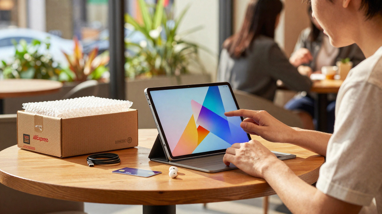 Person using a tablet on a wooden table with a parcel box, charging cable, card, and wireless earbud in a café.