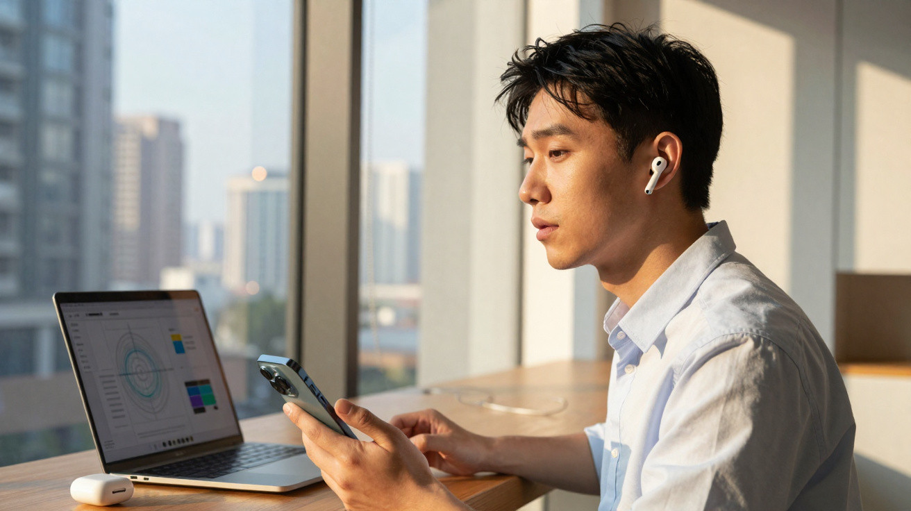 Young man wearing wireless earbuds using smartphone and laptop at a sunlit office desk with city view
