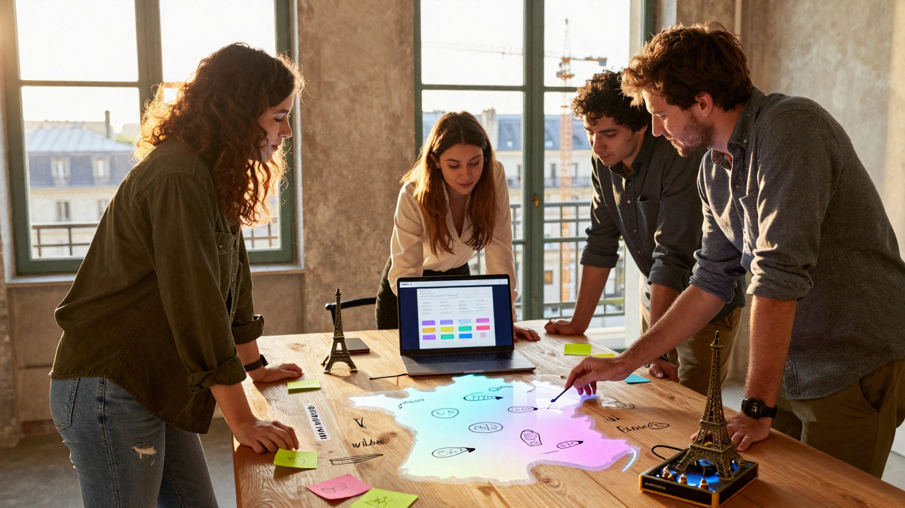 Four young professionals collaborate around a table with a digital map and laptop in a sunlit room.