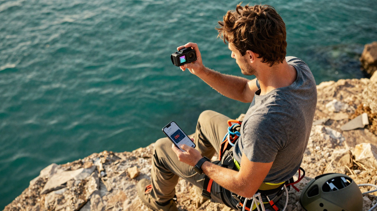 Man in climbing gear sitting on rocky cliff by water, holding a smartphone and an action camera.