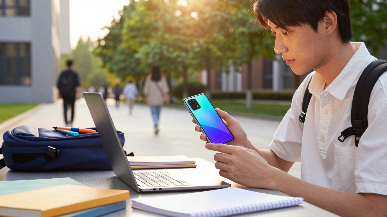 Student sitting outdoors at a table using a smartphone with an open laptop and books nearby on a sunny day.
