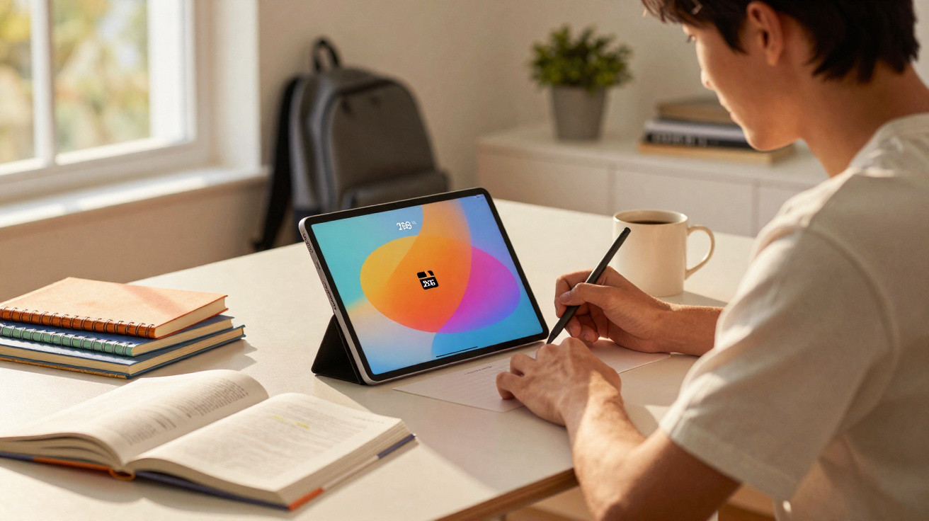 Person writing on paper with stylus next to a tablet, books, coffee mug, and backpack on desk by window.