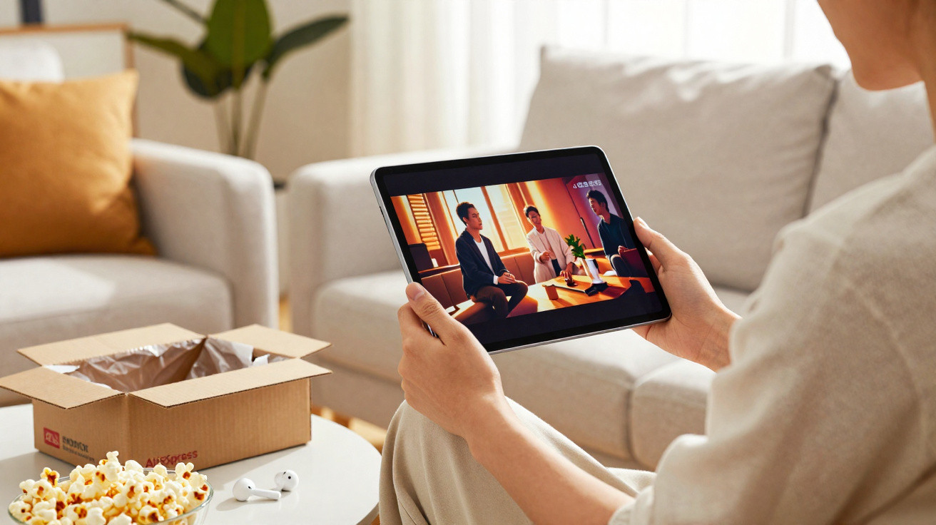 Person holding a tablet watching a show with three people in a living room, popcorn and a box nearby.
