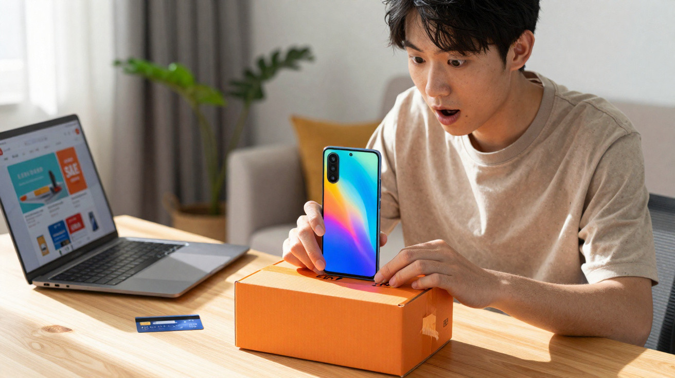 Young man excitedly holds a new smartphone over an orange box at a desk with a laptop and credit card nearby.