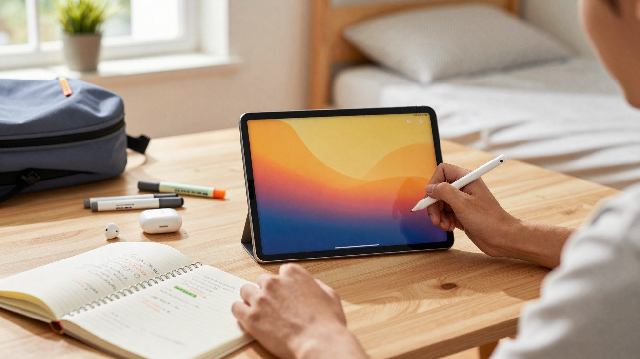 Person using a stylus on a tablet at a wooden desk with an open notebook, pens, and wireless earbuds nearby.