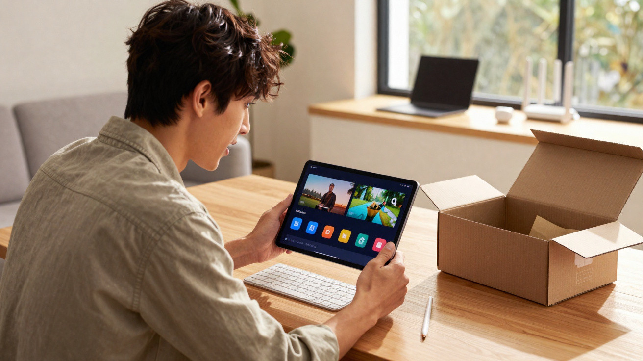 Man sitting at wooden table using a tablet with an open cardboard box and wireless keyboard nearby.