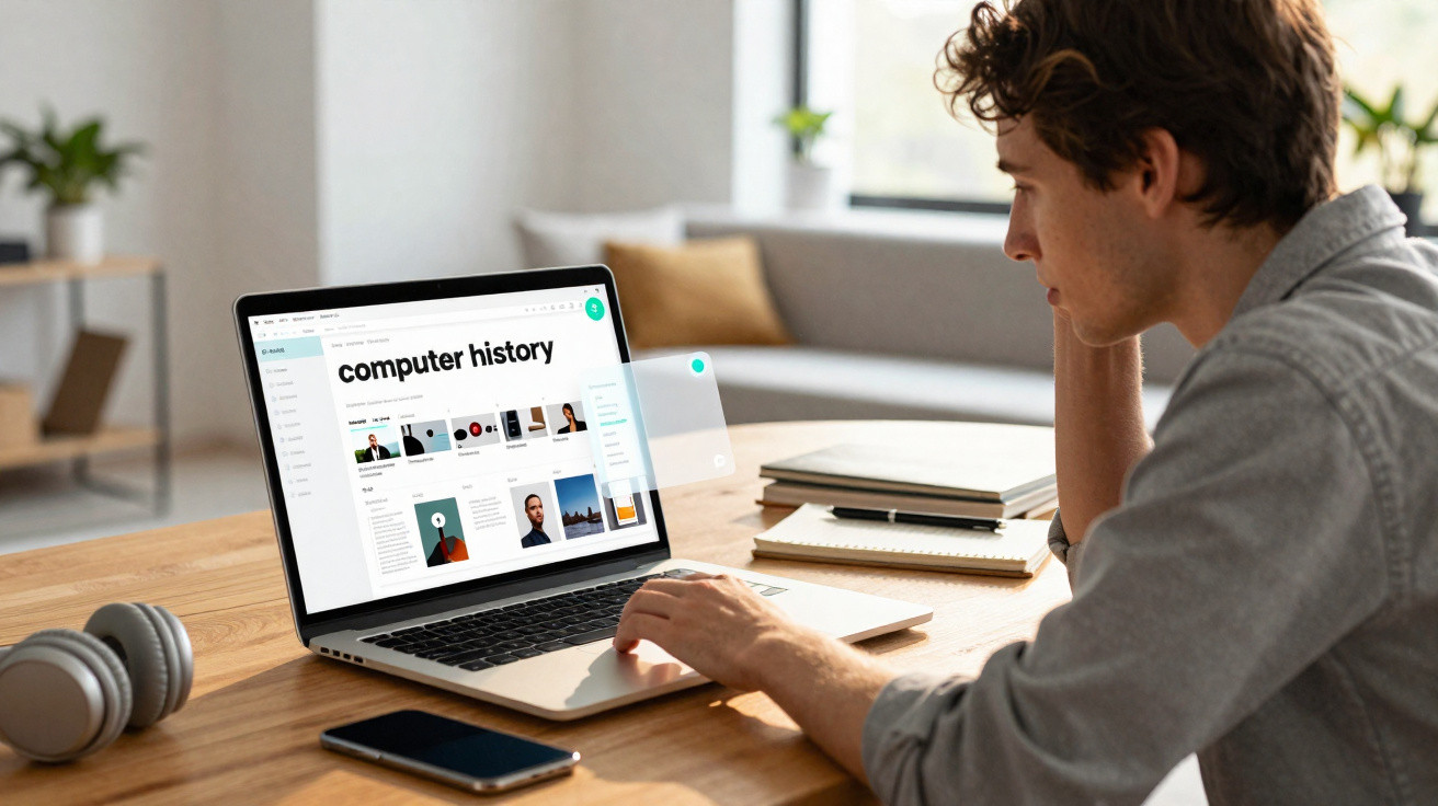 Young man reading computer history content on a laptop at a wooden desk with headphones and phone nearby.